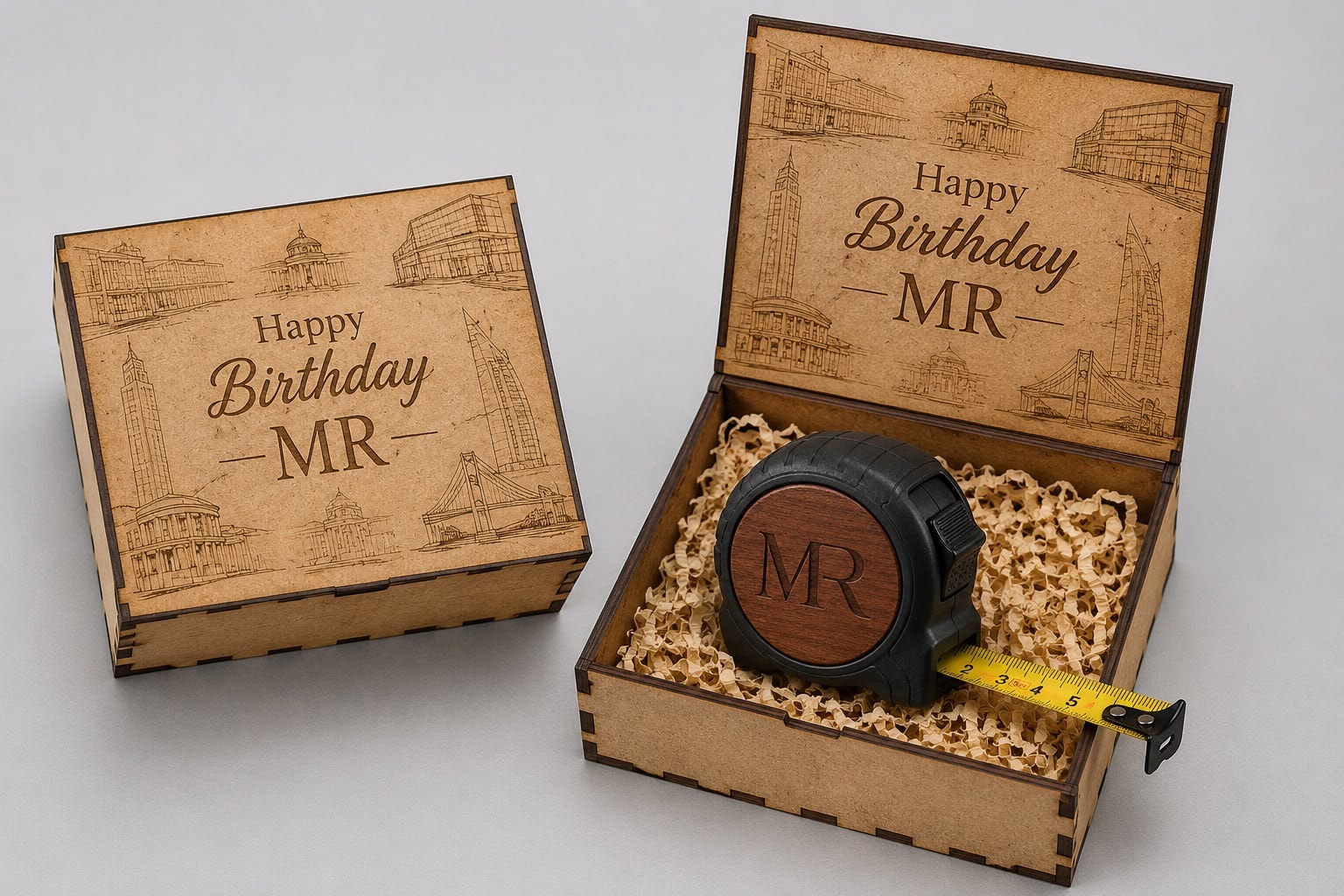 Caja de madera personalizada con cinta métrica — kit de herramientas como regalo
