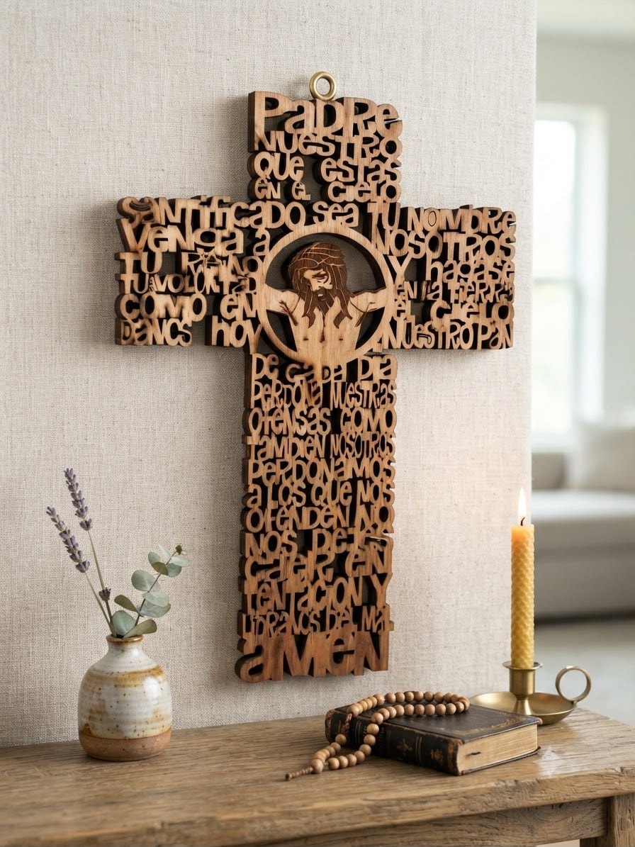Cruz de madera con figura de Jesús — arte religioso grabado y tallado a mano