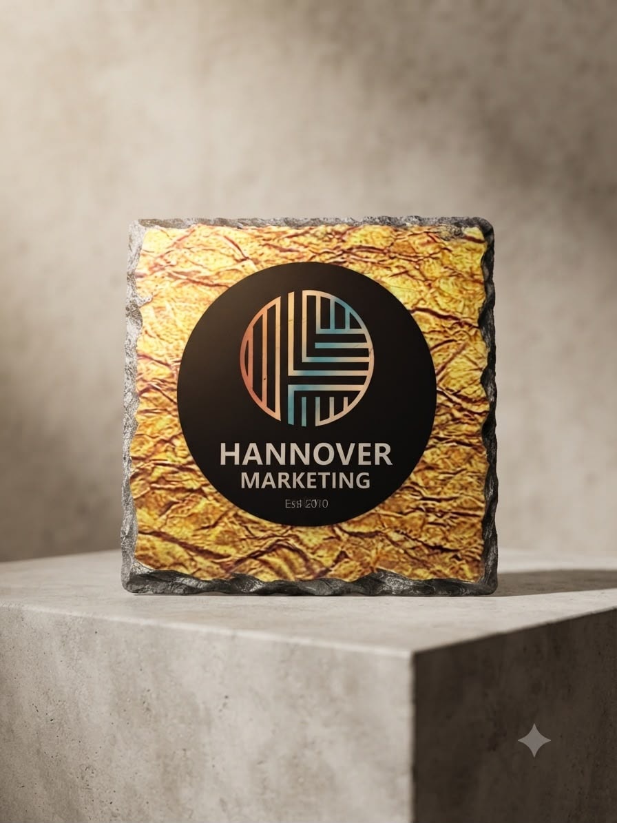 Rótulo institucional grabado en madera — Hannover Marketing Honduras